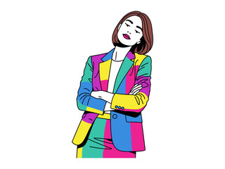 Confident Style: A colorful graphic depiction of a fashion-forward woman, confidently styled in a vibrant suit, exudes individuality and bold self-expression.