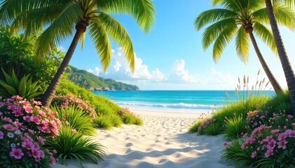 Fototapeta premium Serene coastal garden thrives with lush greenery, vibrant flowers, and sandy dunes Ocean breeze whispers through swaying palms and sea grasses, creating a tranquil oasis , peaceful, botany