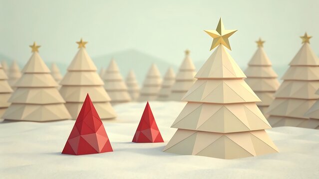 Low poly christmas trees in snowy landscape with red trees and gold star