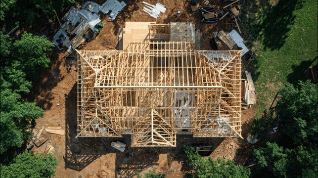 Aerial View of House Framing: An overhead drone shot captures the intricate wooden framework of a new house under construction, surrounded by lush green trees.