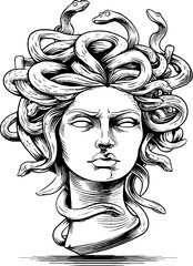Mythical gorgon creature engraving with snakes for hair in bold black lines