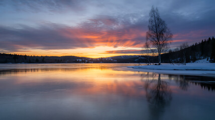 Obraz premium A serene winter sunset reflecting on a frozen lake with a silhouette tree