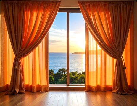 Fototapeta Inviting ocean view seen through a window with flowing orange curtains