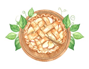 Sliced apple pie on wooden plate, surrounded by leaves