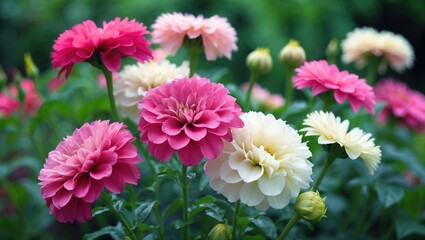 Colorful dahlias blooming with pink, white, and cream flowers amidst green foliage.