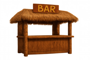 3d rendering of a charming tiki bar crafted from wood, featuring a thatched roof and intricate carvings, set against a transparent background