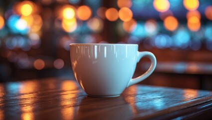 A white coffee mug on a wooden table with colorful bokeh lights in the background.