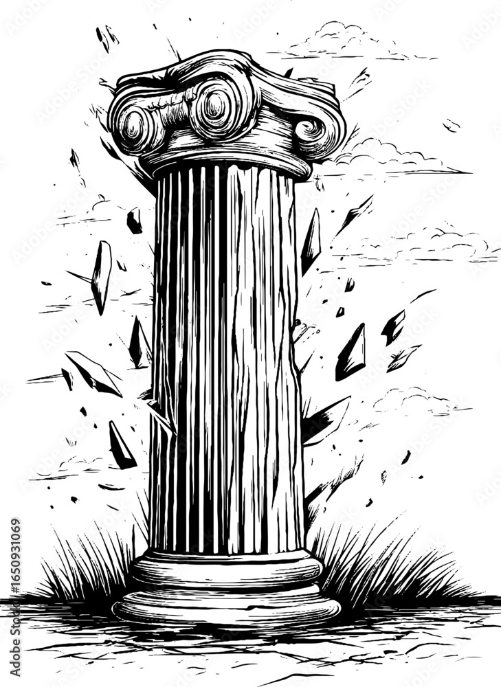 Poster classical ionic column drawing with dramatic shattered effect for art and design