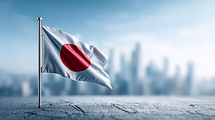 Japan Flag Waving over Urban Skyline National Symbol for Patriotism and Culture