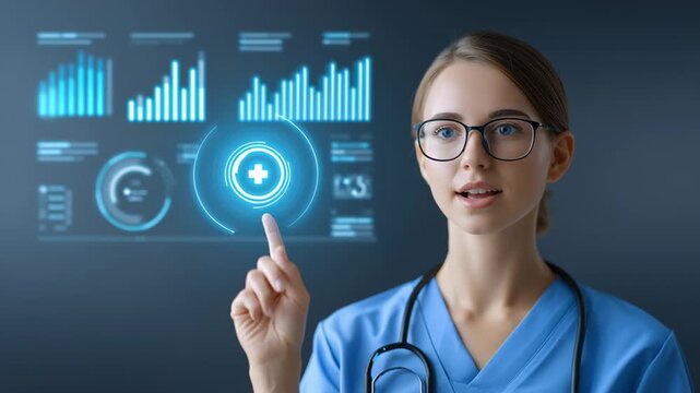 Smiling nurse and young woman blue uniform interact with futuristic digital medical interface, healthcare data, technology, and confident medical