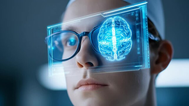 AI Technology Diagnosis Futuristic Glasses Digital Brain Interface Innovation Medical Analysis and Concept with Brain Scan Digital Interface Young