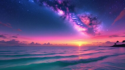 Fototapeta premium Pink and orange sunset glowing over calm ocean waters with Milky Way galaxy shining brightly above the horizon