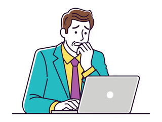 Stressed Office Worker: Depicts a worried man sitting at his desk, engrossed in his laptop, and the overwhelming pressures of his work.