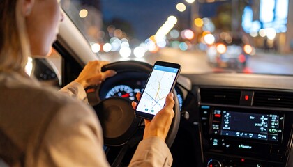 Woman driving with night city, and GPS app.