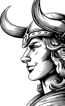 Engraved illustration of loki in black bold lines design for mythology art
