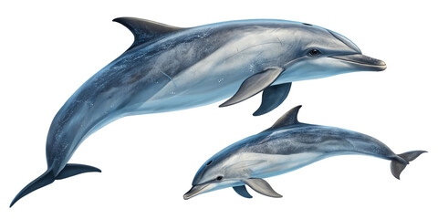 Naklejka premium Two Dolphins Leaping, Digital Painting, Isolated on Transparent Background, Marine Mammal, Ocean Life, Dolphin, Aquatic, Wildlife