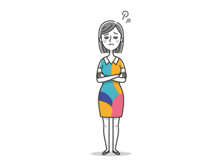 Woman expressing Doubt and uncertainty : An illustration capturing the internal conflict and hesitation. A graphic representation of a woman embodies skepticism.
