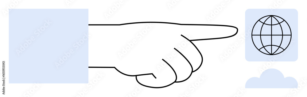 Poster outstretched hand pointing towards a globe icon with a cloud below. ideal for global communication, 