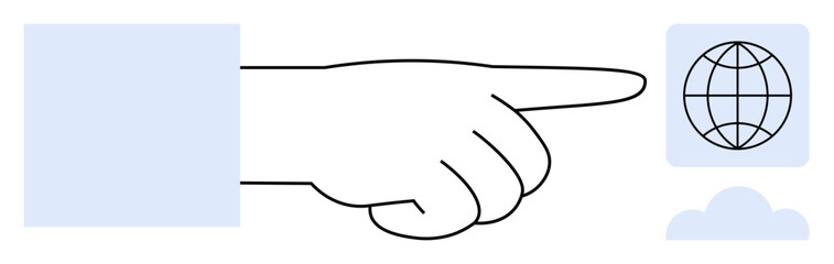 Outstretched hand pointing towards a globe icon with a cloud below. Ideal for global communication, network, internet, technology, cloud computing, direction, and accessibility. Minimal flat metaphor