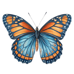 Watercolor Butterfly Illustration Blue and Orange Monarch Design, Isolated on Transparent Background, Insect, Lepidoptera, Graphic Design