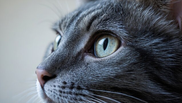 Close-up of a cat's face with detailed focus on the eye, fur, and whiskers.