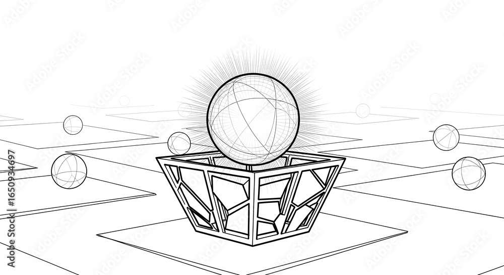 Poster abstract geometric sphere in futuristic wireframe cube surrounded by smaller spheres in digital netw