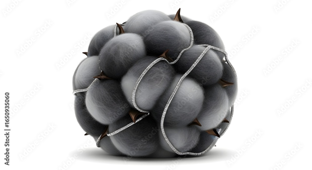 Poster abstract gray explosive cluster with sharp spikes and metallic ribbons on white background