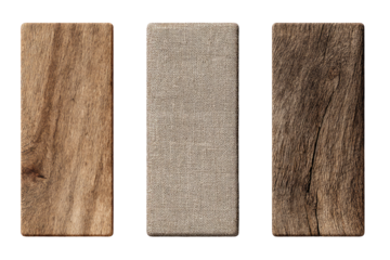 Three rectangular panels, showcasing different wood and fabric textures.  A light brown wood, a neutral linen-like fabric, and a dark brown wood
