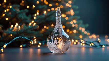 A glass ornament with snowflake design on a table in front of a blurred illuminated Christmas tree. Christmas decorations and festive lights. The concept of holiday celebration and decoration.