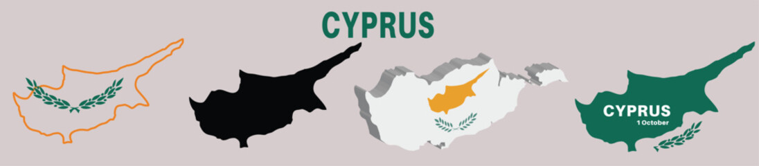 map set of cyprus flag. map in silhoutte,3D ,national colour and green colour.