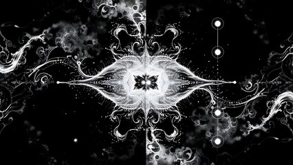 Quantum Rorschach test displaying simultaneous wave patterns and particle dots.