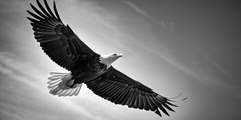 Obraz premium A majestic bird of prey, such as a hawk or eagle, soaring through the sky with powerful, outstretched wings. The composition emphasize the bird's graceful flight, captured from a low angle.