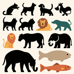 Animal Silhouettes and Wildlife Icons &ndash; Flat Vector Illustration Set