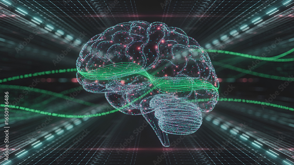 Poster digital brain with neural pathways and connections, representing artificial intelligence