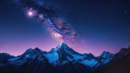 A starry night sky with the Milky Way galaxy over snow-capped mountain peaks.