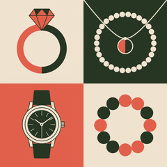  Elegant Accessory Collection: An exquisite illustration featuring a curated collection of luxury accessories. capturing the elegance and sophistication of timeless jewelry and watches.