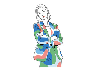 Stylish Businesswoman: A confident businesswoman stands with folded arms, embodying elegance and professionalism in a colorful suit and fashionable pose. 