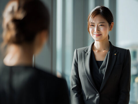 Businesswoman greeting colleague with professional smile in modern office, AI generated