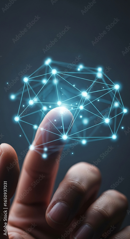 Poster fingertip interacts with a glowing network, illustrating connection and digital interaction, symboli