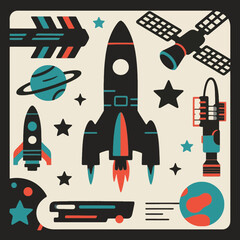 Celestial Expedition: A vibrant illustration showcasing a fleet of rockets soaring through a mesmerizing stars cape, accompanied by radiant planets.