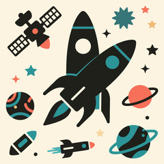 Celestial Expedition: A vibrant illustration showcasing a fleet of rockets soaring through a mesmerizing stars cape, accompanied by radiant planets.