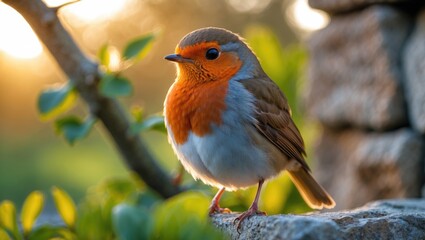 Fototapeta premium A small bird with an orange and blue face perched on a stone, surrounded by green leaves and warm sunlight.
