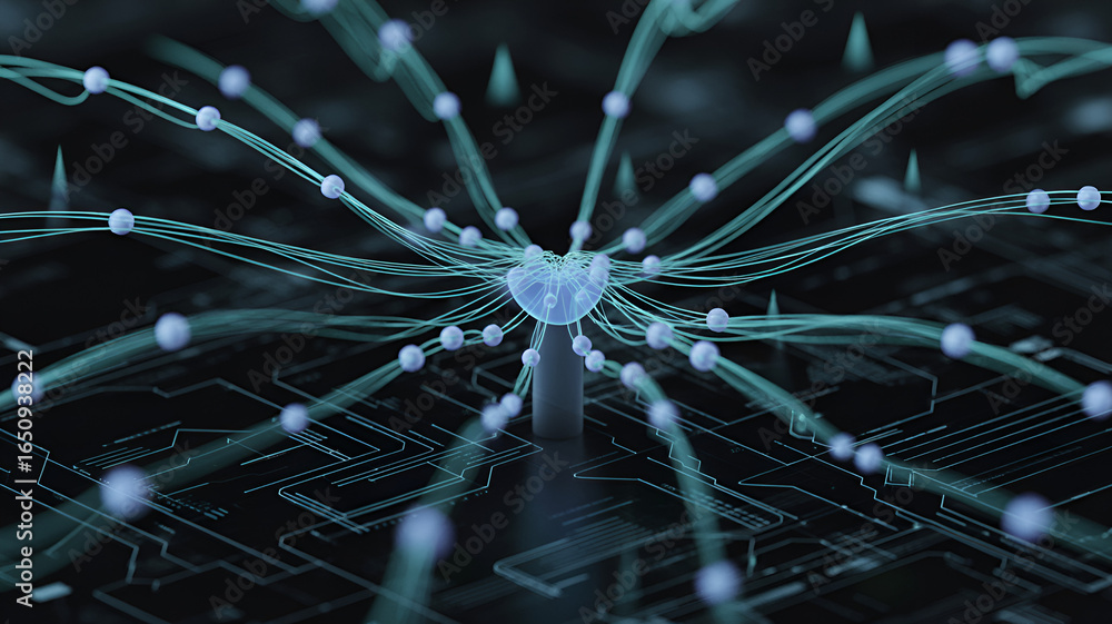 Poster abstract neural network with nodes and connections on a circuit board