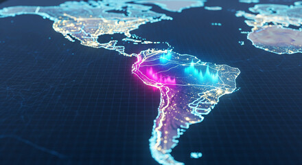 Digital Map of South America with Glowing Data Visualization

