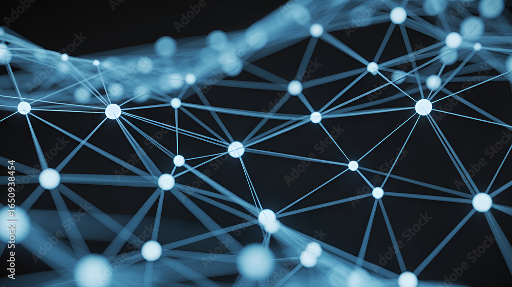 Poster abstract network of interconnected nodes and lines against a dark background
