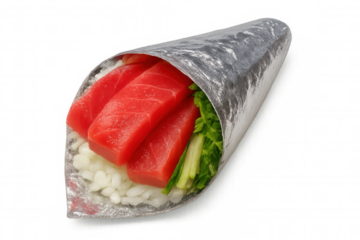 Temaki sushi roll highlighting ruby-red tuna, soft sushi rice, crisp nori wrap, artfully composed against clean white backdrop