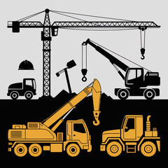 Construction Machinery Silhouettes: A monochrome illustration featuring heavy construction equipment set against a contrasting background.