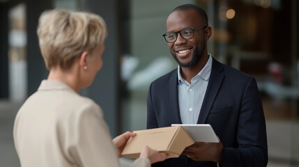 Courier hands signed tablet to customer with soft eye contact