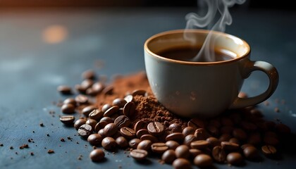 Close-up coffee scene featuring freshly ground Arabica coffee, glossy whole coffee beans, and a steaming ceramic cup of dark roast coffee. Set against a rough, dark textured slate background, illumina