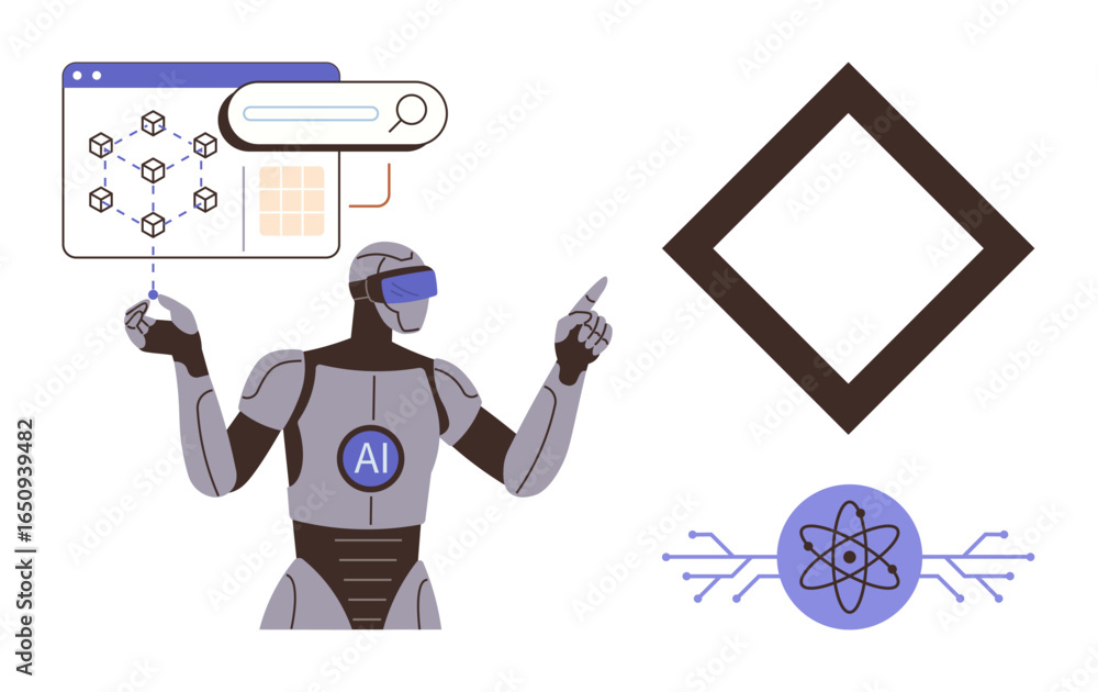 Poster ai robot with vr visor engaging with data interface, geometric shapes, and atom graphics. ideal for 